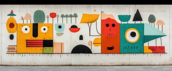 Colorful abstract geometric mural art on urban wall with playful shapes and vibrant colors.