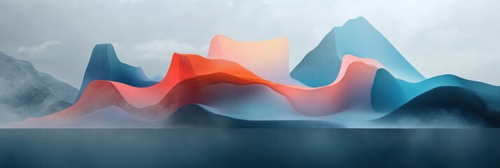 Abstract colorful wave shapes blending over a misty mountainous landscape.