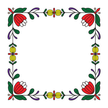 Decorative square frame with floral folk art motifs in red, green, yellow, and purple, isolated on white background technology background