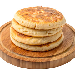 Stack of golden brown fluffy pancakes served on a rustic wooden board isolated on transparent background