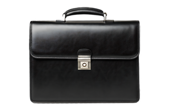 Classic Black Leather Briefcase Isolated on Transparent Background