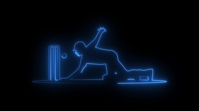 Blue neon glowing cricket WicketKeeper person icon diving near stumps with ball in play, on a black background.