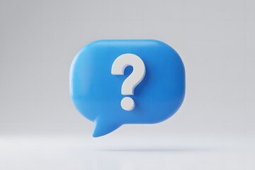 A bright blue speech bubble with a white question mark inside symbolizing inquiry confusion or seeking information against a clean minimalist grey background