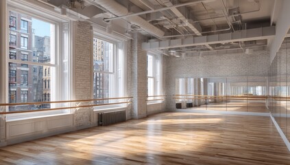 Spacious dance studio with city views