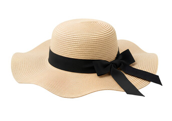 Straw Sun Hat with Black Ribbon Bow on Transparent Background
