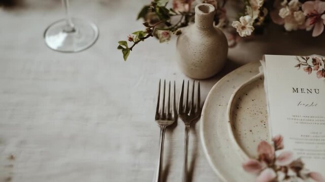 A delicate floral menu rests on a textured plate, accompanied by two forks and a minimalist vase