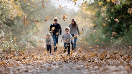 Family of four walking through a forest during autumn. the ground is covered in fallen leaves, and the leaves are flying in the air. the family consists of a man, a woman, and two children.