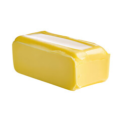 A block of yellow butter wrapped in plastic packaging isolated on transparent background