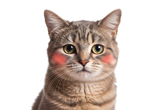A close-up portrait of a tabby cat with bright pink blush marks on its cheeks, looking directly at the camera with wide, expressive eyes against a white background.