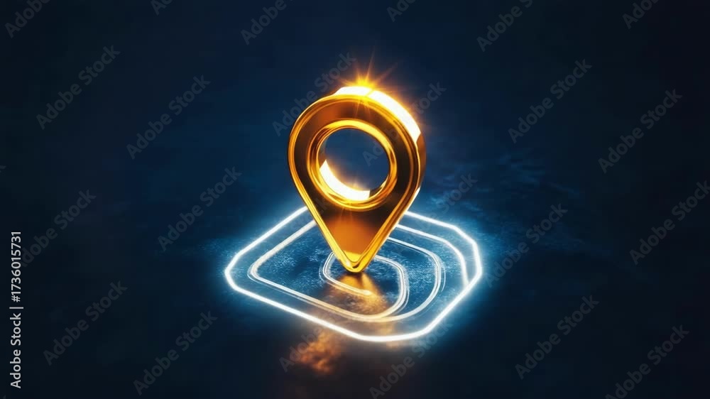 Wall mural golden location pin on water. 3d navigation pointer for business address and map positioning. abstra