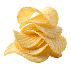 Crispy ruffled potato chips stacked together in a pile isolated on transparent background