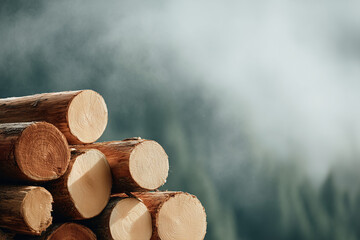 Stacked Timber Logs with Morning Mist
