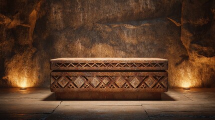 Ancient ornate wooden chest on a stone floor with fire light