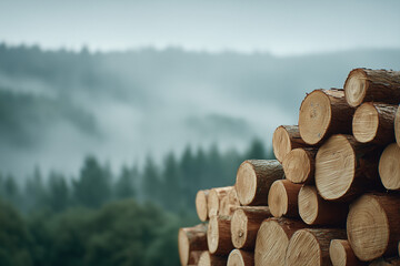 Stacked Timber Logs with Morning Mist