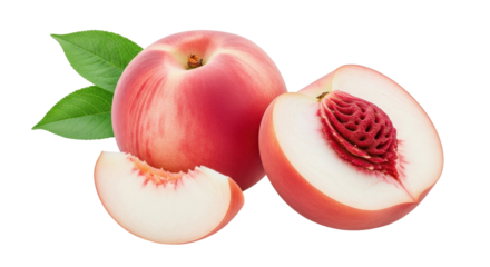 Isolated three donut peaches, one whole and two slices, ready to eat a snack with leaves