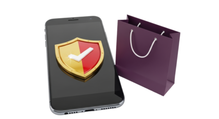 Isolated smartphone with online purchase security shield and purple paper bag concept image
