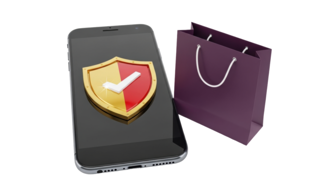 Isolated smartphone with online purchase security shield and purple paper bag concept image