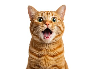 Fototapeta premium A surprised ginger cat with wide eyes and open mouth, isolated on white background.