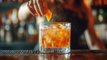 The bartender sprinkles spices on a citrus cocktail, creating a bright accent on the drink.
Suitable for advertising bars, culinary blogs, articles on mixology, restaurant menus 