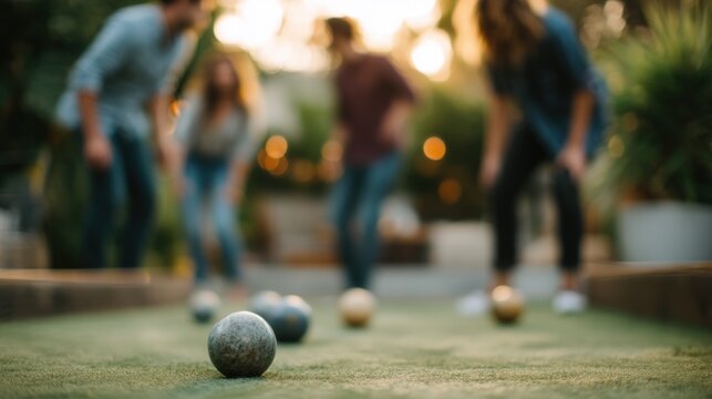 Group of four people playing a game of bocce ball on a green artificial turf. the background is blurred, but it appears to be an outdoor setting with trees and plants.