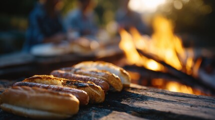 Close-up of a group of sausages cooking on a grill over a campfire. the grill is made of wooden planks and there are several hot dogs on it.