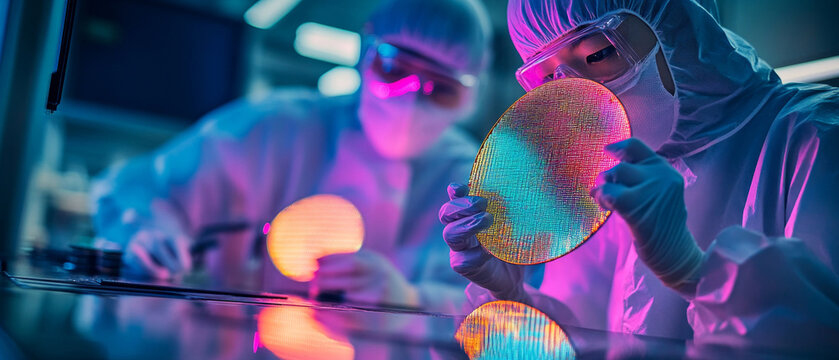 A worker wearing protective clothing and goggles holds a semiconductor wafer in a laboratory equipped with modern equipment.
In demand for materials on high technology, microchip manufacturing 
