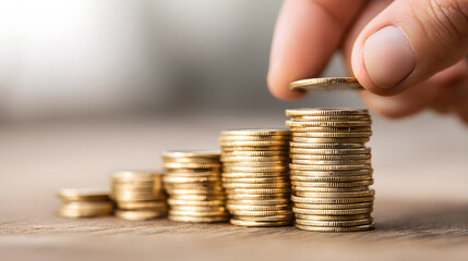 Hand stacking coins in ascending order on wooden surface showcasing financial growth concept