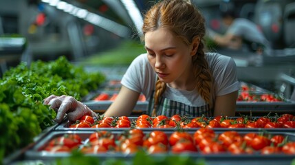 A woman in a greenhouse sorts tomatoes, wearing work clothes and gloves.
The photo is suitable for publications about agriculture, organic farming, articles about  