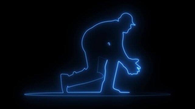 Neon glowing cricket wicket keeper in action catching ball behind stumps, on a black background.