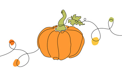 Single Line Pumpkin Drawing with Autumn Leaves
