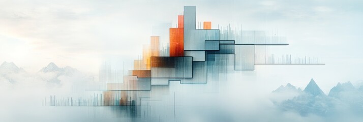 Abstract digital cityscape with geometric shapes and soft cloud background.