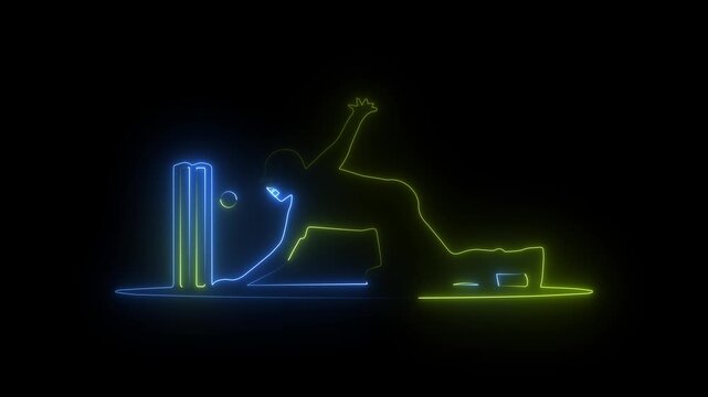Yellow blue neon glowing cricket Wicket Keeper person icon diving near stumps with ball in play, on a black background.
