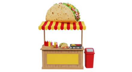 Isolated, Taco stand with trash can, fast food, and Mexican dish for mobile street vendor food