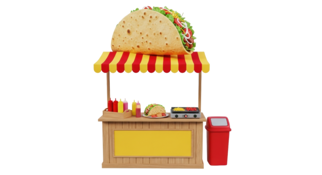 Isolated, Taco stand with trash can, fast food, and Mexican dish for mobile street vendor food