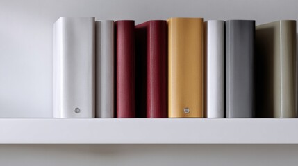 White shelf with six books arranged in a row. the books are of different colors - white, silver, red, maroon, gold, grey, and beige. each book has a small silver button on the cover.
