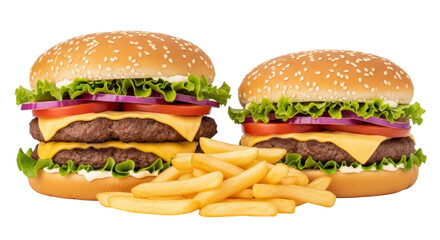 Isolated Cheeseburgers with Fries Delicious fast food burgers featuring beef, lettuce, and cheese