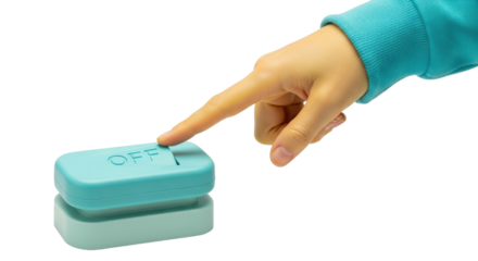 Isolated turquoise box with off switch shows concept of turn off, power down, disconnect