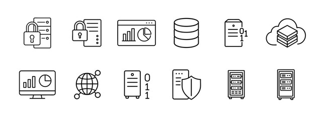 Data Center Line Icons Pack Server, Cloud Computing, Hosting, Security, Internet, Database & Networking Vector Icons