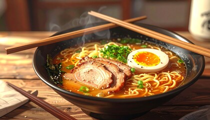 Steaming bowl of ramen with chopsticks resting on top, detailed broth and toppings