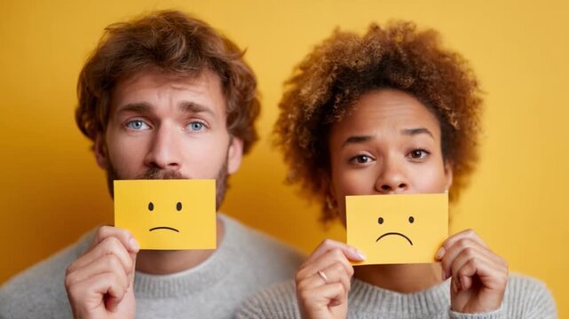Couple hiding sadness, emoji, bad mood, emotions, disappointment, problems, relationship, faces, depression, struggle