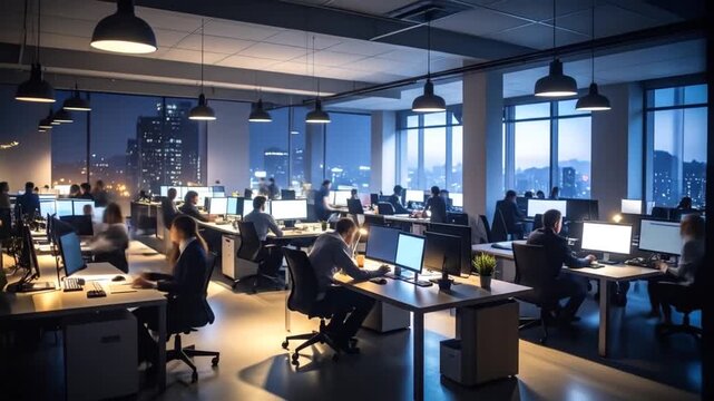 Night Shift Workers in Busy City Office