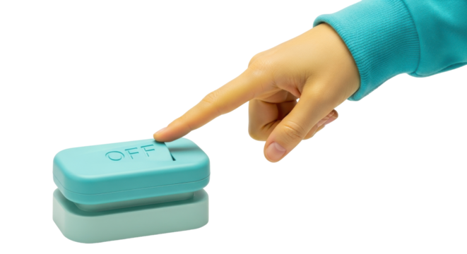 Isolated turquoise box with off switch shows concept of turn off, power down, disconnect