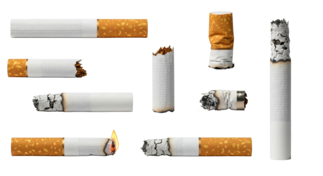 Isolated Smoking Cigarettes on Display in Varying Degrees of Burn on a Clean Surface