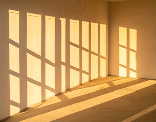 Sunlight casts shadows through windows on a pale beige wall