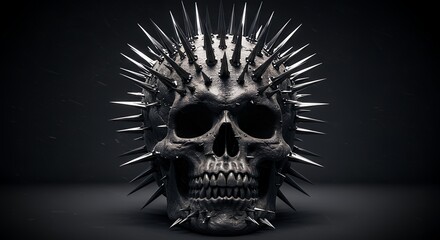Detailed 3 d rendered skull with spikes on dark backdrop