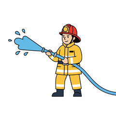 Firefighter with Hose Cartoon Illustration of a Heroic Rescuer