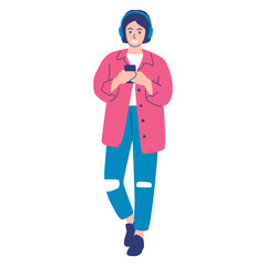 A young person in modern casual clothing and headphones standing while listening to music or a podcast on their smartphone, representing youth culture and digital entertainment