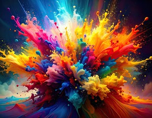 Explosive Display of Vibrant Colorful Pigments Bursting Against Dark Background Energetic Splash of Colors in Dynamic Composition with Shimmering Lighting