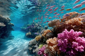 Fototapeta premium Vibrant Coral Reef with Colorful Fish in Clear Blue Water