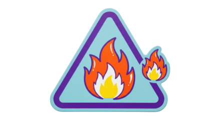 Isolated sticker graphic of warning triangle with flames, colorful safety emblem, hazard fire